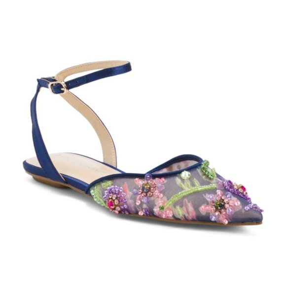 NEW BETSEY JOHNSON Garbo Embellished Mesh Flats in Navy Multi for women 925 3m7 - Picture 2 of 10